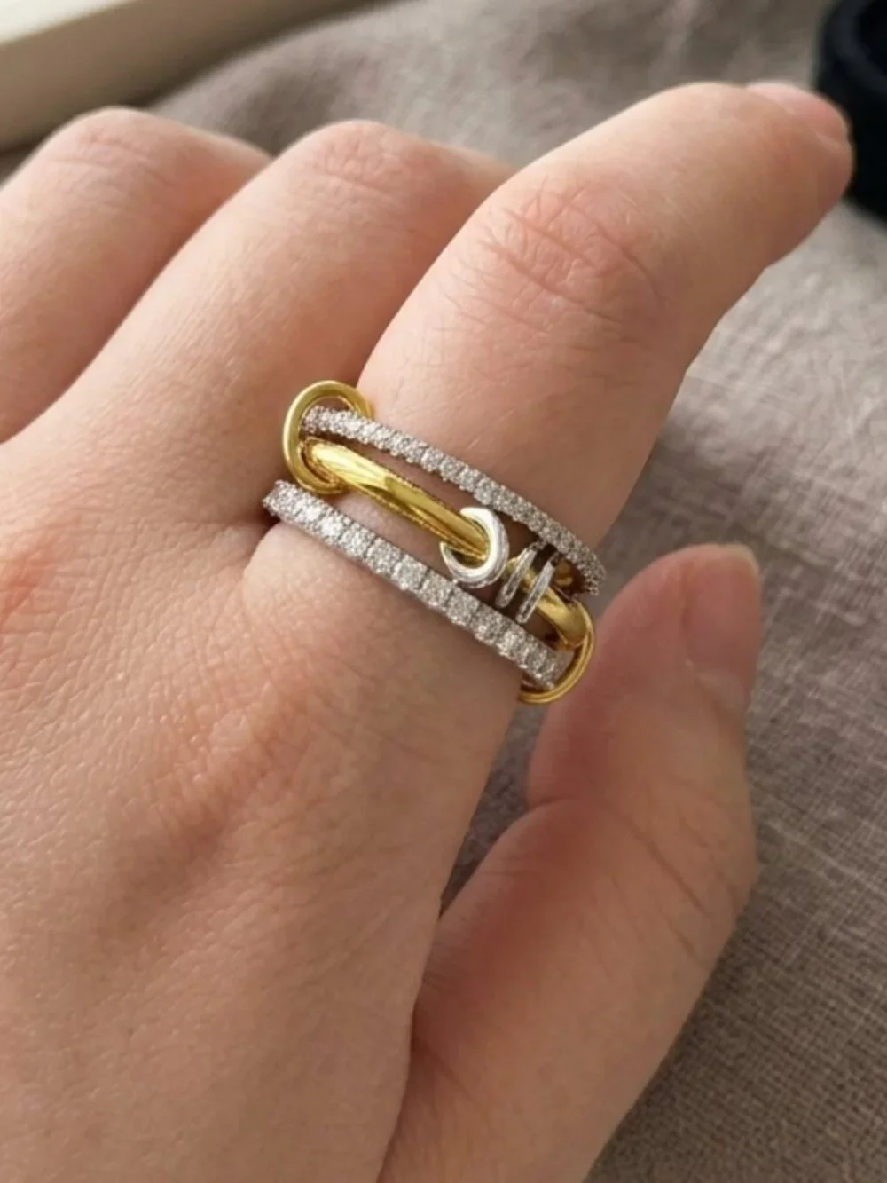 Gold & Silver Stackable Ring Set Interlocking Multi-Link Bands Statement Jewelry - Picture 1 of 2
